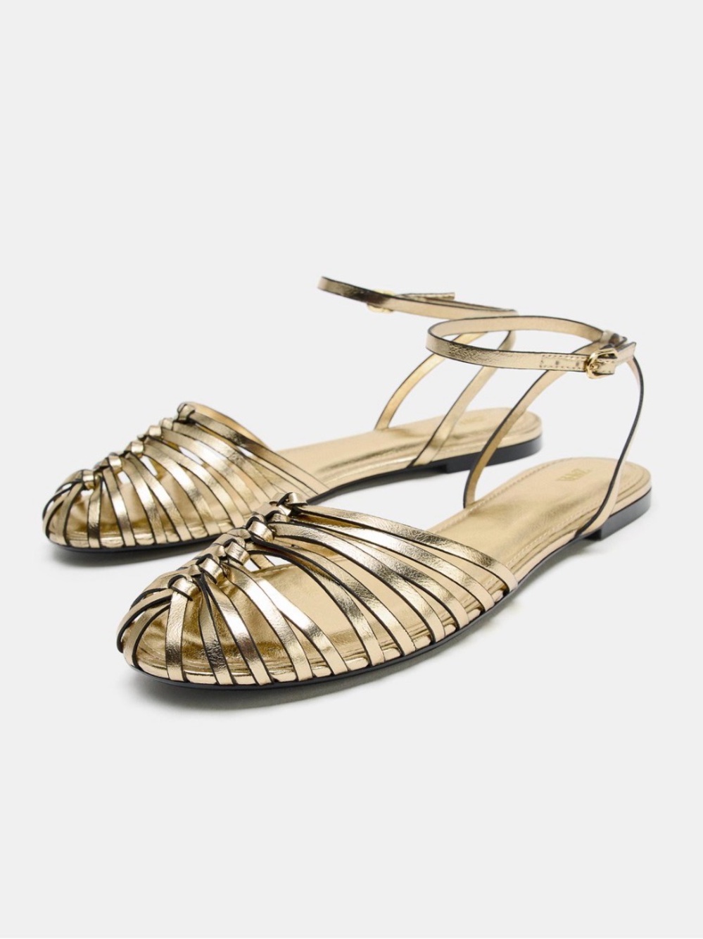 Zara Metallic Gold Strappy Ankle Wrap Flat Sandals